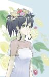  1girl black_hair flower food food_on_head fruit fruit_on_head head_wreath highres kuroki_tomoko leaf lemon lemon_slice long_hair motomiki object_on_head rose simple_background solo strawberry watashi_ga_motenai_no_wa_dou_kangaetemo_omaera_ga_warui! 