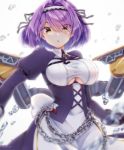  1girl apron azur_lane bangs black_gloves breasts broken broken_chain chain cleavage dress eyebrows_visible_through_hair feather_boa gloucester_(azur_lane) gloves hair_between_eyes hair_over_one_eye hairband lace-trimmed_hairband large_breasts long_sleeves looking_at_viewer maid open_mouth puffy_sleeves purple_hair satsuki_meguru short_hair shrug_(clothing) simple_background underboob_cutout yellow_eyes 