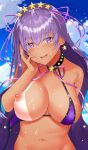  1girl bangs bare_shoulders bb_(fate)_(all) bb_(swimsuit_mooncancer)_(fate) bikini blush breasts collarbone earrings eyebrows_visible_through_hair fate/grand_order fate_(series) hair_ribbon jewelry large_breasts long_hair looking_at_viewer neck_ribbon nipples one_breast_out open_mouth purple_bikini purple_eyes purple_hair ribbon rinaka_moruchi smile solo star_(symbol) star_earrings swimsuit tan very_long_hair wet 