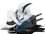  1girl bare_shoulders beltbra blue_eyes blue_lips blue_theme cannon closed_mouth cup drinking_glass eyepatch glowing glowing_eyes holding holding_cup horns kantai_collection looking_at_viewer monochrome ne-class_heavy_cruiser neko_(ganecooo) one_eye_covered simple_background single_horn solo wet white_background white_hair white_skin wine_glass 