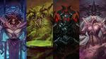  16:9 armor cauldron chaos_daemon clothing deity demon facial_hair female gauntlets gloves handwear hi_res horn horned_helmet khorne klaher_baklaher long_tongue melee_weapon multi_eye nurgle sharp_teeth slaanesh teeth tentacles tongue tongue_out tzeentch warhammer_(franchise) weapon widescreen 