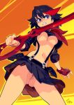  1girl artist_name ass_visible_through_thighs bangs black_hair black_skirt blue_eyes breasts clenched_teeth commentary english_commentary fang gloves kill_la_kill legs_apart matoi_ryuuko medium_breasts multicolored_hair navel no_panties optionaltypo pleated_skirt pussy red_gloves red_hair scissor_blade senketsu short_hair simple_background single_glove skirt solo streaked_hair suspender_skirt suspenders teeth two-tone_hair underboob 
