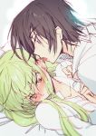  1boy 1girl black_hair blush c.c. code_geass creayus ear_licking eyebrows_visible_through_hair green_hair hetero lelouch_lamperouge licking long_hair looking_away lying magenta_eyes shirt white_shirt yellow_eyes 