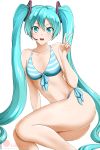  1girl :d alfred_cullado arm_support bangs banned_artist bikini blue_bikini blue_eyes blue_hair breasts cleavage collarbone eyebrows_visible_through_hair front-tie_bikini front-tie_top hair_between_eyes hair_ornament hatsune_miku headset highres long_hair microphone navel open_mouth shiny shiny_hair side-tie_bikini small_breasts smile solo striped striped_bikini swimsuit transparent_background twintails very_long_hair vocaloid watermark wet wet_hair 