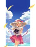  1girl :d berserker blue_sky blurry_foreground bow character_doll cloud fate/stay_night fate_(series) floating_hair half-closed_eyes hand_on_headwear hat hat_bow hat_ribbon highres illyasviel_von_einzbern long_hair looking_at_viewer miniskirt okamino open_mouth pink_eyes pleated_skirt red_bow red_ribbon red_skirt ribbon shirt silver_hair skirt sky sleeveless sleeveless_shirt smile solo standing straw_hat sun_hat very_long_hair white_shirt 