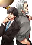  2boys arm_up back-to-back belt black_hair black_jacket black_pants black_suit blue_neckwear collared_shirt commentary_request e-ko_(e5e5) formal glasses grey_hair grey_shirt hand_in_pocket holding hunter_x_hunter jacket kiseru knov looking_at_viewer male_focus morel_mackernasey multiple_boys necktie pants pipe red_neckwear serious shirt simple_background sleeves_rolled_up smile standing suit sunglasses upper_body v white_background white_shirt 