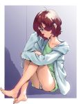  1girl barefoot blue_eyes border character_request closed_mouth copyright_request crossed_legs green_shirt hair_over_one_eye highres hood hood_down hooded_jacket jacket kawakami_rokkaku leg_hug long_sleeves looking_at_viewer one_eye_covered panties shirt sitting solo underwear white_border white_panties 