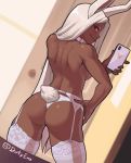  1girl absurdres animal_ears ass blurry blurry_background boku_no_hero_academia breasts bunny_ears bunny_tail cellphone cellphone_camera choker dark_skin dirty_ero dutch_angle from_behind garter_belt hand_on_hip highres long_hair looking_at_viewer looking_back medium_breasts mirko panties phone red_eyes smile solo tail thighhighs topless underwear very_long_hair white_hair white_legwear white_panties 