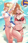  2girls aqua_eyes arm_under_breasts armpits arms_behind_head arms_up artoria_pendragon_(all) bangs bare_shoulders barefoot beach bikini blonde_hair blue_bow blue_sky blush bow braid braided_bun breasts cleavage cloud crossed_arms eyebrows_visible_through_hair fate/grand_order fate_(series) front-tie_top green_eyes halterneck high_ponytail large_breasts mordred_(fate) mordred_(fate)_(all) multiple_girls navel ocean open_mouth orange_sekaii outdoors red_bikini saber side-tie_bottom sidelocks sky standing stomach swimsuit thighs toes underboob volleyball water waves white_bikini 