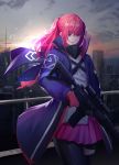  1girl absurdres ar-15 blue_jacket city eyebrows_visible_through_hair girls_frontline gloves gun hair_ribbon hand_on_weapon highres jacket long_hair looking_away madao pink_gloves pink_hair pink_skirt purple_eyes ribbon rifle skirt solo st_ar-15_(girls_frontline) weapon 