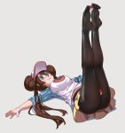  1girl bangs black_legwear blue_eyes blush breasts brown_hair closed_mouth commentary_request double_bun feet foot_hold full_body highres legs_up long_hair lying mei_(pokemon) no_shoes on_back outstretched_arms pantyhose poke_ball poke_ball_(basic) pokemon pokemon_(game) pokemon_bw2 raglan_sleeves simplecar skirt soles solo toes twintails very_long_hair visor_cap yellow_skirt 