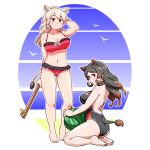  2girls absurdres acesrulez alternate_costume animal_ears bare_arms bare_back bare_legs barefoot beach bikini black_frills black_hair black_swimsuit blush brown_eyes collarbone commentary_request extra_ears eyebrows_visible_through_hair food frilled_swimsuit frills fruit full_body hand_in_hair highres hippopotamus_(kemono_friends) hippopotamus_ears hippopotamus_tail kemono_friends kneeling long_hair multicolored multicolored_clothes multicolored_hair multicolored_swimsuit multiple_girls one-piece_swimsuit red_hair red_swimsuit rhinoceros_ears rhinoceros_girl rhinoceros_tail shirt sleeveless standing swimsuit watermelon white_rhinoceros_(kemono_friends) white_shirt 
