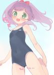  1girl ass_visible_through_thighs blue_swimsuit covered_navel green_eyes hyakumangoku_masurao leg_up long_hair manaka_lala one-piece_swimsuit open_mouth ponytail pretty_(series) pripara purple_hair school_swimsuit solo standing standing_on_one_leg swimsuit 