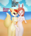  absurd_res anthro blush breasts canid canine dialogue duo english_text female fox genitals gynomorph gynomorph/female herm hi_res intersex intersex/female lagomorph leporid lexy mammal max_draws molly_(disambiguation) nipples nude penis penis_grab rabbit surprise text 