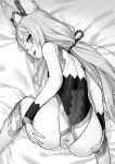  1girl :d animal_ear_fluff animal_ears anus ass bar_censor censored crotchless crotchless_leotard deep_skin from_behind greyscale highres kawakami_rokkaku leotard long_hair looking_at_viewer looking_back lying monochrome niyah niyah_(blade) open_mouth pussy smile spread_ass top-down_bottom-up twintails very_long_hair xenoblade_(series) xenoblade_2 