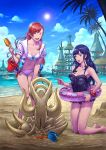  2girls bangs beach bikini black_hair black_swimsuit blue_eyes bracelet breasts bucket cleavage final_fantasy final_fantasy_xiv frilled_swimsuit frills gaia_(ff14) hair_ribbon highres innertube jacket jacket_over_swimsuit jewelry laughing lipstick long_hair makeup multiple_girls nariann one-piece_swimsuit open_clothes open_jacket open_mouth palm_tree pink_ribbon red_hair red_lipstick ribbon ryne sand_sculpture shark_fin small_breasts square_enix swimsuit tree white_bikini 