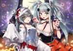  2girls bangs blue_hair blush bracer breasts cleavage dress earrings eyebrows_visible_through_hair g11_(girls_frontline) girls_frontline green_eyes grey_eyes grey_hair hair_ornament halloween halloween_costume heterochromia highres hk416_(girls_frontline) jewelry large_breasts lipstick long_hair looking_at_viewer makeup multiple_girls necktie noixen open_mouth red_eyes teeth twintails 