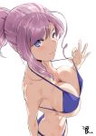  1girl absurdres bare_shoulders bikini bikini_pull blinkblink_art blue_eyes blush breasts cleavage closed_mouth fate/grand_order fate_(series) from_above from_side halterneck high_ponytail highres large_breasts looking_to_the_side miyamoto_musashi_(fate/grand_order) pink_hair purple_bikini sidelocks signature smile standing strap_pull swimsuit torso underboob 