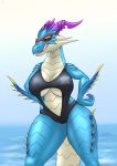  absurd_res anthro big_breasts breasts camel_toe clothing dragalia_lost dragon eyewear female hand_on_hip hi_res licking licking_lips looking_at_viewer mercury_(dragalia_lost) open_mouth outside scalie sea seaside solo spikes standing sunglasses swimwear testowepiwko thick_thighs tongue tongue_out video_games water 