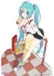  1girl absurdres alternate_costume bag bangs black_shorts blonde_hair blue_choker blue_eyes bubble_tea character_name checkered checkered_floor choker cloba cup disposable_cup drinking drinking_straw drinking_straw_in_mouth eyebrows_visible_through_hair full_body hair_between_eyes hatsune_miku headset highres holding holding_cup long_hair looking_at_viewer off-shoulder_shirt off_shoulder pleated_shorts railing shirt shoes shopping_bag short_shorts short_sleeves shorts single_bare_shoulder single_thighhigh sitting skindentation sneakers solo striped striped_legwear thighhighs very_long_hair vocaloid white_shirt 