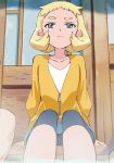  1girl bike_shorts blonde_hair blue_eyes closed_mouth collarbone emily_smith haruyama_kazunori healin&#039;_good_precure jacket long_sleeves looking_up orange_jacket precure shirt short_hair sitting solo_focus thick_eyebrows white_shirt zipper 