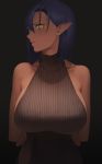  1girl amino_(tn7135) bangs bare_shoulders black_background blue_hair breasts brown_sweater closed_mouth collarbone commentary dark_elf dark_skin earrings elf eyelashes hair_between_eyes highres jewelry large_breasts lips looking_at_viewer mole mole_under_mouth nose original pointy_ears ribbed_sweater short_hair sideboob sideways_glance simple_background skindentation sleeveless sleeveless_sweater sleeveless_turtleneck solo standing stud_earrings sweater turtleneck turtleneck_sweater yellow_eyes 