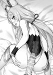  1boy 1girl animal_ear_fluff animal_ears anus ass bar_censor censored crotchless crotchless_leotard deep_skin from_behind greyscale hetero highres imminent_sex kawakami_rokkaku leotard long_hair looking_at_viewer looking_back lying male_pubic_hair monochrome niyah niyah_(blade) penis penis_on_ass pubic_hair smile spread_ass top-down_bottom-up twintails very_long_hair xenoblade_(series) xenoblade_2 