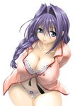  babydoll blue_eyes blush bra braid breasts cleavage curvy hair_intakes huge_breasts kanon lace leaning_forward lingerie long_hair mature minase_akiko mitarashi_kousei navel open_clothes open_shirt panties purple_hair shirt sidelocks solo thigh_gap thong underwear 