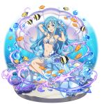  1girl :d arm_up armlet asuna_(sao-alo) bangs bikini bikini_bottom bikini_top blue_bikini blue_cape blue_eyes blue_hair breasts cape choker cleavage collarbone faux_figurine fish hair_ornament hands_in_hair highres long_hair medium_breasts midriff navel official_art open_mouth pointy_ears shiny shiny_hair sitting smile solo sparkle stomach swimsuit sword_art_online sword_art_online:_memory_defrag thigh_strap transparent_background underwater very_long_hair waist_cape white_bikini wrist_cuffs 