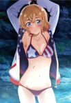  1girl american_flag american_flag_bikini arm_behind_head armpits arms_up bangs bikini blonde_hair blue_eyes blunt_bangs blush breasts cleavage collarbone eyebrows_visible_through_hair flag_print hair_between_eyes highres jacket kanojo_okarishimasu looking_at_viewer medium_breasts nanami_mami open_mouth print_bikini print_swimsuit red_bikini short_hair solo standing swimsuit thick_eyebrows 