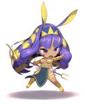  1girl animal_ears blonde_hair chibi dark_skin earrings egyptian egyptian_clothes facepaint facial_mark fate/grand_order fate_(series) hairband hakai_shin hoop_earrings jackal_ears jewelry long_hair low-tied_long_hair multicolored_hair nitocris_(fate/grand_order) open_mouth pelvic_curtain purple_hair simple_background solo tagme two-tone_hair usekh_collar v-shaped_eyebrows white_background 
