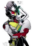  1boy 1girl absurdres antenna_hair aqua_hair armor bangs black_hair black_legwear bow breasts carrying closed_eyes copyright_name episode_number eyebrows_visible_through_hair highres humagear_headphones is_(kamen_rider_01) jacket kamen_rider kamen_rider_01_(series) kamen_rider_zero-two lips lipstick long_sleeves makeup mask medium_breasts multicolored_hair parashima_tenko parted_lips red_eyes rider_belt robot_ears shiny shiny_hair short_hair simple_background skirt streaked_hair two-tone_hair white_background white_jacket 