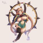  1girl artist_name blush bracelet braid breasts carmelina_(granblue_fantasy) chakram draph dress granblue_fantasy green_eyes highres holding holding_weapon hoop horns huge_breasts jewelry knee_pads long_hair microdress navel navel_cutout no_socks pointy_ears revealing_clothes short_sleeves short_stack side_slit simple_background smile solo space_cuyo twin_braids underboob underboob_cutout v-shaped_eyebrows very_long_hair weapon white_background wide_hips wide_sleeves 
