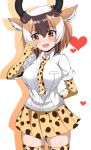  1girl animal_ear_fluff animal_ears animal_print arm_behind_back bangs blush breast_pocket brown_hair cheetah_(kemono_friends) cheetah_(kemono_friends)_(cosplay) cheetah_print collared_shirt cosplay elbow_gloves embarrassed furrowed_eyebrows gloves hair_between_eyes hand_on_own_cheek hand_up heart highres horizontal_pupils horns kemono_friends light_brown_hair looking_down medium_hair miniskirt multicolored_hair necktie open_mouth pleated_skirt pocket print_gloves print_legwear print_neckwear print_skirt pronghorn_(kemono_friends) red_eyes shirt short_sleeves skirt solo thighhighs tsuchinokonoko wavy_mouth white_hair white_shirt wing_collar zettai_ryouiki 