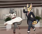  abstract_background black_hair blue_eyes canid canine clothing dancing dress duo female fenavi_montaro fennec feretta fox fur grey_body grey_fur grey_hair hair hi_res mammal necktie red_fox silver_fox smile suit tap_dancing vix_(feretta) yellow_body yellow_fur 