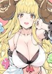  1girl ahoge anila_(granblue_fantasy) bangs bikini blonde_hair blunt_bangs blush breasts cleavage commentary_request draph eyebrows eyebrows_visible_through_hair granblue_fantasy horns large_breasts long_hair looking_at_viewer mushi024 open_mouth sheep_horns smile solo swimsuit thighhighs very_long_hair yellow_eyes 