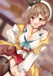  1girl atelier_(series) atelier_ryza atelier_ryza_2 belt_pouch blurry blurry_background bow braid breasts brown_eyes brown_hair choker cleavage detached_sleeves earrings ears eyebrows_visible_through_hair hair_bow hat jewelry key large_breasts legband long_sleeves looking_at_viewer omuretsu open_mouth pouch red_shorts reisalin_stout short_hair short_shorts shorts sidelocks smile thighhighs 