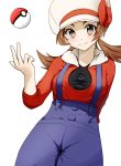  1girl absurdres arm_behind_back breasts brown_eyes brown_hair closed_mouth commentary eyelashes fingernails hand_up hat hat_ribbon highres kokoko_taro kotone_(pokemon) looking_at_viewer overalls poke_ball poke_ball_(basic) pokemon pokemon_(game) pokemon_hgss ribbon simple_background smile solo twintails white_background white_headwear 