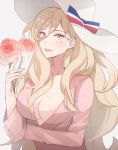  1girl alternate_costume blonde_hair blue_eyes breasts cleavage collarbone flower grey_background hat holding holding_flower kantai_collection kasumi_(skchkko) large_breasts lips long_hair long_sleeves mole mole_under_eye mole_under_mouth pink_flower pink_rose richelieu_(kantai_collection) rose simple_background smile solo upper_body white_headwear 