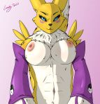  2020 anthro areola armwear belly big_breasts big_ears black_nose blue_eyes blush breasts canid canine chest_tuft clothed clothing crunchyspoon digimon digimon_(species) digital_media_(artwork) dipstick_tail eyebrows eyelashes facial_markings female fingerless_gloves fluffy fluffy_tail front_view fur fur_tuft gloves handwear head_markings hi_res long_ears long_tail looking_at_viewer mammal markings mostly_nude multicolored_body multicolored_fur multicolored_tail muscular muscular_anthro muscular_female navel neck_tuft nipples nude open_mouth open_smile pink_areola pink_background pink_nipples pink_tongue pupils purple_armwear purple_clothing purple_sclera renamon shadow signature simple_background smile snout solo teeth tongue tuft two_tone_body two_tone_fur two_tone_tail video_games white_belly white_body white_fur white_tail yellow_body yellow_fur yellow_tail 