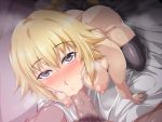  1boy 1girl :&gt;= all_fours ass bed black_legwear blonde_hair blush breasts dutch_angle fate/apocrypha fate/grand_order fate_(series) fellatio hetero large_breasts long_hair looking_at_viewer nipples nude oral penis saintshiro shiny shiny_hair shiny_skin solo_focus sweat thighhighs 