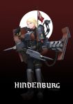  1girl absurdres armor black_gloves blonde_hair blue_eyes breastplate cannon character_name commentary dark_background english_commentary flag full_body gloves hat hat_removed headphones headphones_around_neck headwear_removed highres hindenburg_(ryan_greythorn) holding holding_clothes holding_hat kriegsmarine long_sleeves machinery military military_uniform nazi_war_ensign original peaked_cap personification pouch rigging ryan_greythorn shin_guards short_hair signature solo standing turret uniform world_of_warships 