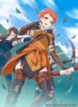  1girl 40hara arrow_(projectile) blue_sky bow_(weapon) brown_hair cloud company_name copyright_name day fingerless_gloves fire_emblem fire_emblem:_three_houses fire_emblem_cipher gloves highres holding holding_bow_(weapon) holding_weapon leaf leonie_pinelli official_art open_mouth orange_eyes orange_hair outdoors quiver short_hair sky solo_focus weapon 