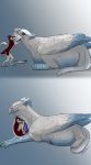  ambiguous_gender anthro avian duo feathers feeding feral full_belly fur gryphon hi_res internal mythological_avian mythology nemane oral_vore red_body red_fur riding_crop sergal vore whip white_body white_feathers willing_vore 