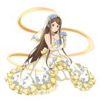  1girl bangs blue_eyes blue_flower breasts bridal_veil brown_hair cleavage collarbone dress flower hair_flower hair_ornament head_wreath highres holding holding_flower jewelry kneeling layered_dress long_dress long_hair medium_breasts necklace official_art open_mouth pantyhose parted_bangs shiny shiny_hair sidelocks single_hair_intake sleeveless sleeveless_dress solo sortiliena_serlut strapless strapless_dress sword_art_online sword_art_online:_memory_defrag transparent_background veil very_long_hair wedding_dress white_dress white_legwear 