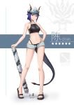  1girl absurdres arknights bare_arms bare_legs bare_shoulders baseball_cap bikini black_bikini black_footwear blue_hair breasts ch&#039;en_(arknights) character_name chinese_commentary commentary_request dated dragon_horns dragon_tail full_body great_lungmen_logo grey_shorts hand_on_hip hat highleg highleg_bikini highres horns looking_at_viewer medium_breasts navel planted red_eyes sandals shadow short_hair short_shorts shorts solo standing star_(symbol) stomach swimsuit tail thighs white_background white_headwear yiyi 
