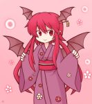  1girl 216 :&gt; alternate_costume alternate_hair_length alternate_hairstyle bat_wings blush chibi commentary_request cowboy_shot danmaku eyebrows_visible_through_hair floral_print hair_between_eyes hair_ornament hair_stick head_wings japanese_clothes kanzashi kimono koakuma long_hair long_sleeves looking_at_viewer no_nose obi pink_background pointy_ears red_eyes red_hair sash short_hair short_hair_with_long_locks sidelocks simple_background sleeves_past_wrists smile solo touhou touhou_cannonball very_long_hair wide_sleeves wings yukata 