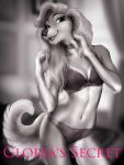  advertisement anthro black_and_white blurred_background bra breasts canid canine canis cleavage clothed clothing domestic_dog female fluffy_ears fur hunting_dog lace mammal monochrome navel panties parody pinup pose saluki seductive sighthound smile solo thelupinprincess underwear 