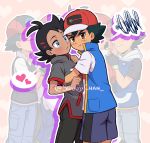  2boys antenna_hair artist_name bangs baseball_cap black_hair black_shorts blue_eyes blush brown_eyes closed_mouth commentary english_commentary gou_(pokemon) hair_ornament hairclip hat heart hug looking_at_another looking_at_viewer looking_to_the_side male_focus multiple_boys pokemon pokemon_(anime) pokemon_swsh_(anime) pout sara_bonetti satoshi_(pokemon) short_sleeves shorts spoken_heart v-shaped_eyebrows yaoi 