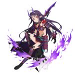  1girl armor bangs bikini bikini_armor black_footwear black_gloves boots breasts faulds floating_hair full_body gloves grin hair_between_eyes highres holding holding_polearm holding_weapon horns knee_boots long_hair looking_at_viewer midriff miniskirt navel official_art oni oni_horns pointy_ears polearm purple_bikini purple_hair purple_skirt red_eyes shiny shiny_hair shoulder_armor skirt small_breasts smile solo stomach swimsuit sword_art_online sword_art_online:_memory_defrag transparent_background very_long_hair weapon yuuki_(sao) 